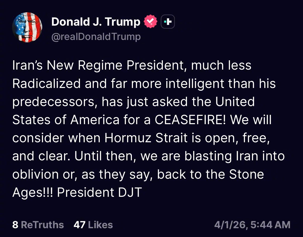 特朗普称收到伊朗新政权总统的停火请求 美国总统特朗普今天（4月1日）在社交媒体发