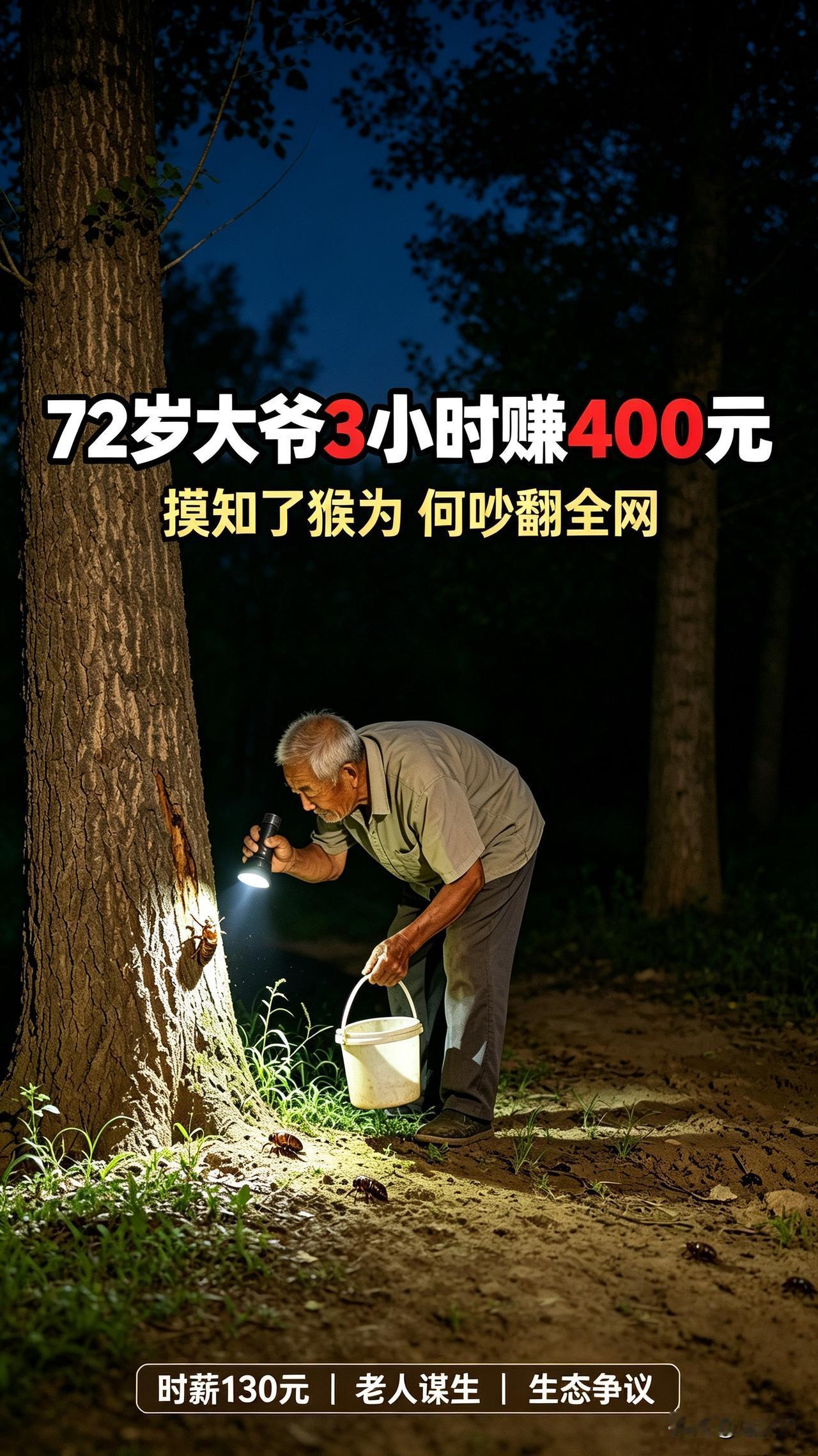 72岁大爷3小时摸知了猴赚400元！时薪碾压上班族，网友彻底吵翻了！

月薪五千