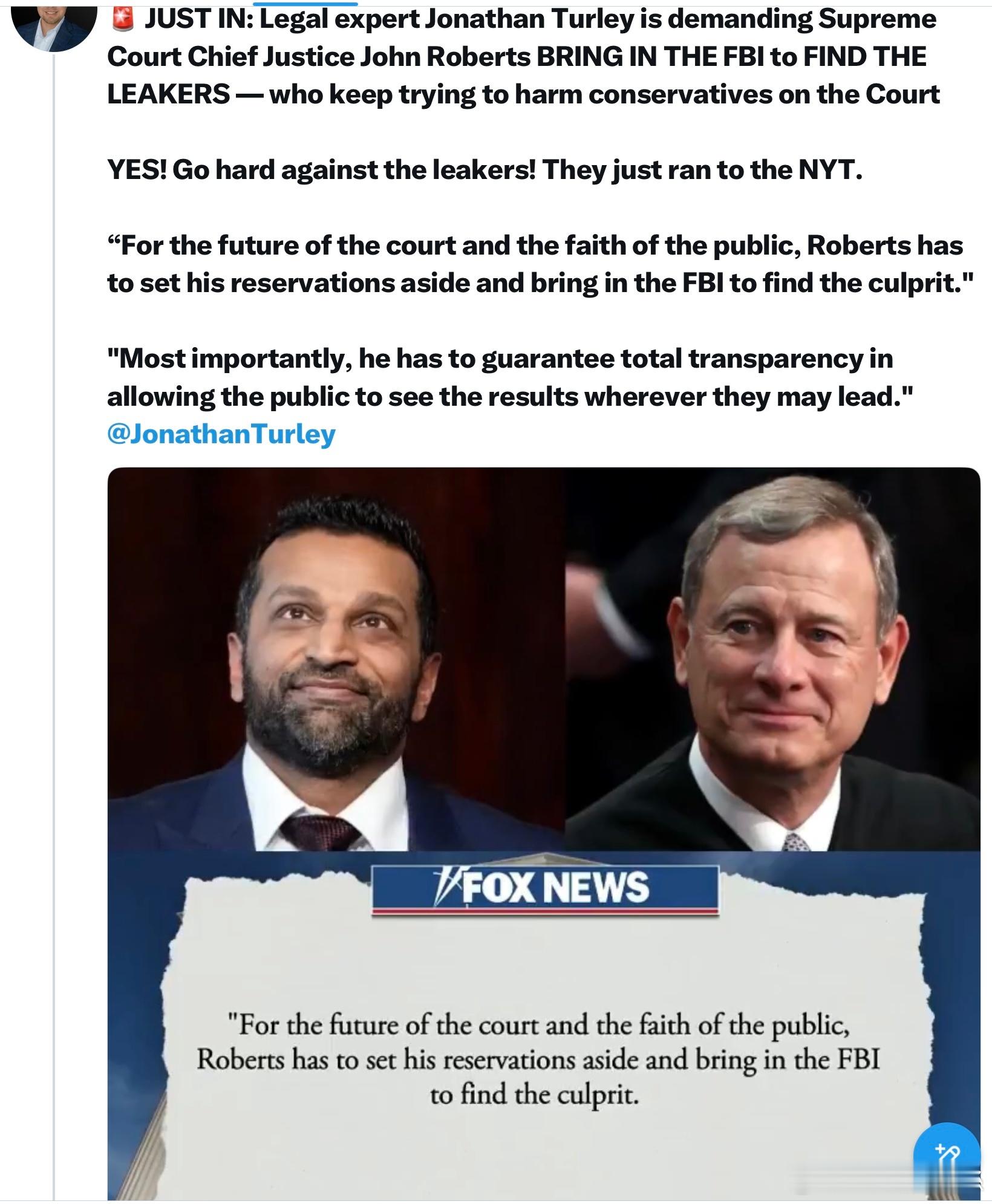 著名憲法學者喬納森·特利（Jonathan Turley）正強烈要求最高法院首席