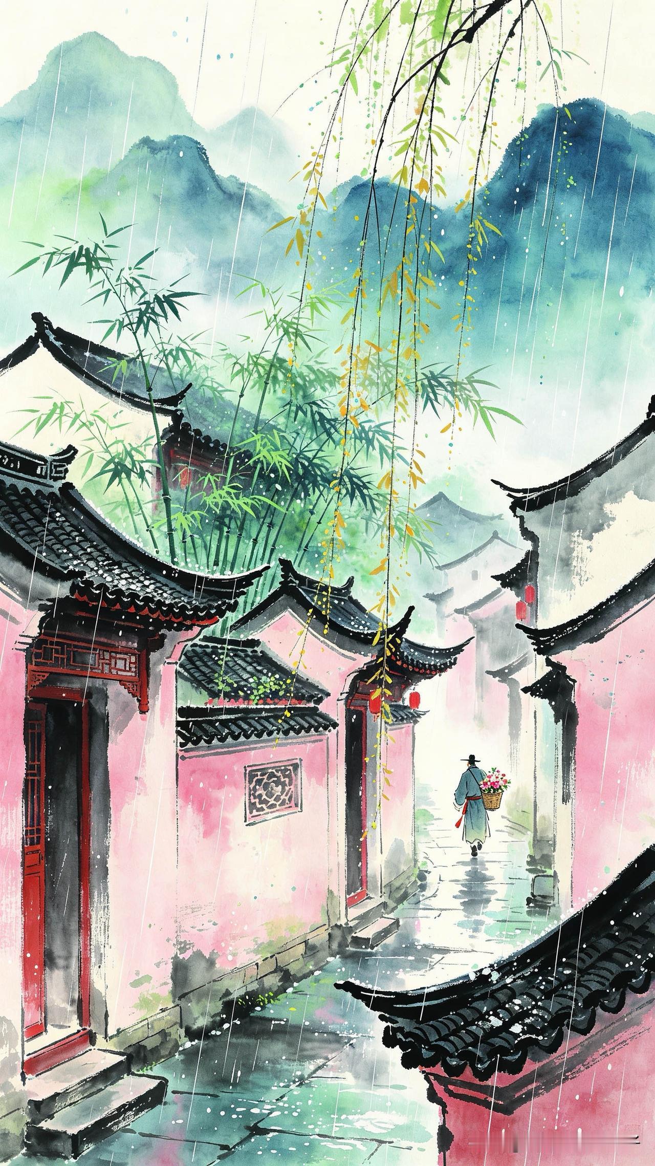 烟雨濛濛湿粉墙，
黛瓦参差隐碧篁。
隔巷卖花声渐远，
     
…………请师友