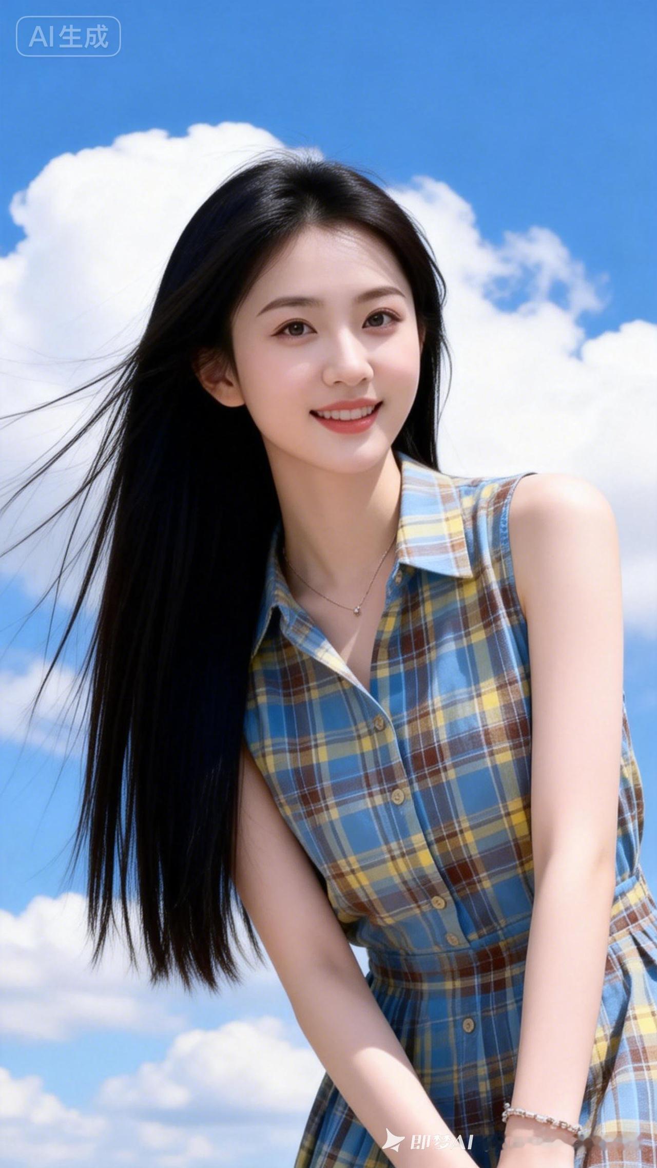 阳光明媚，少女甜美微笑，格子裙飘逸动人。