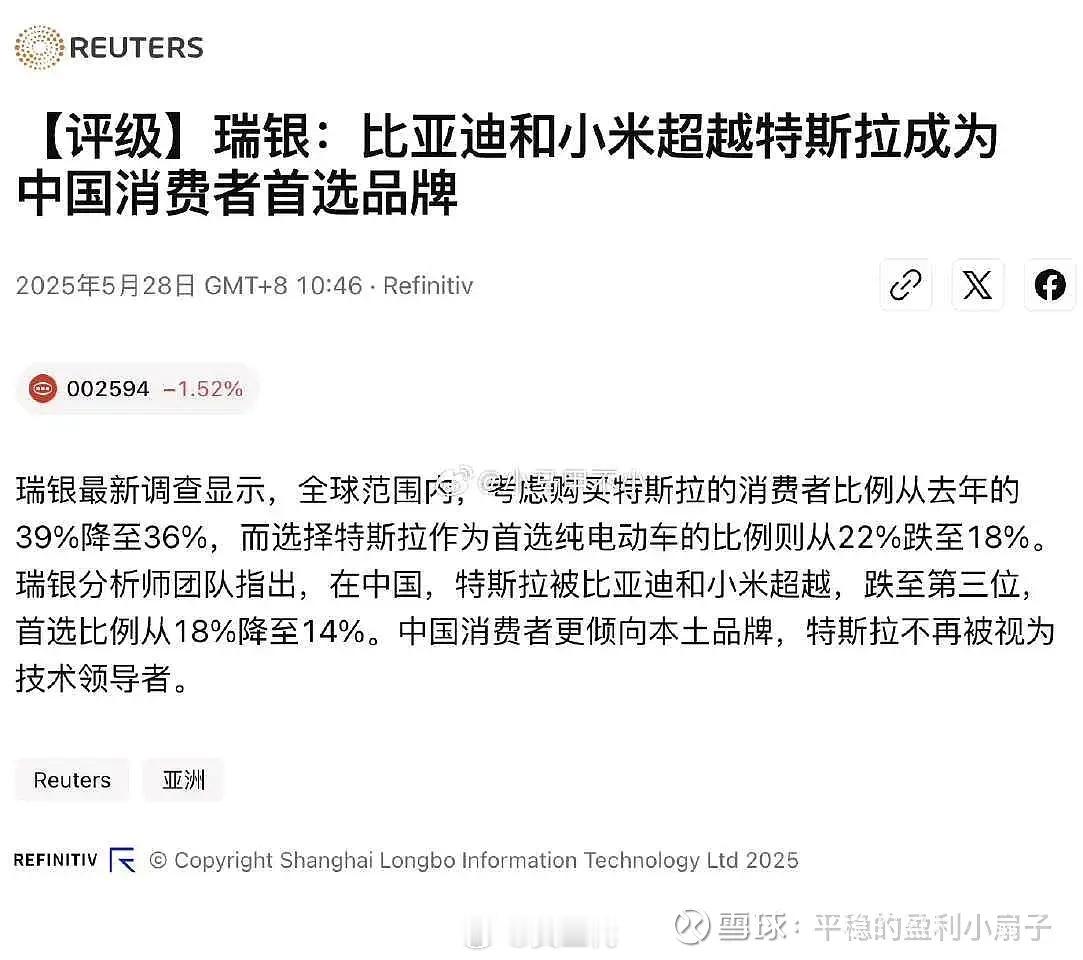 特斯拉在国外可能还是首选，但在我们国内完全不是一回事了，大家更喜欢比亚迪和小米比
