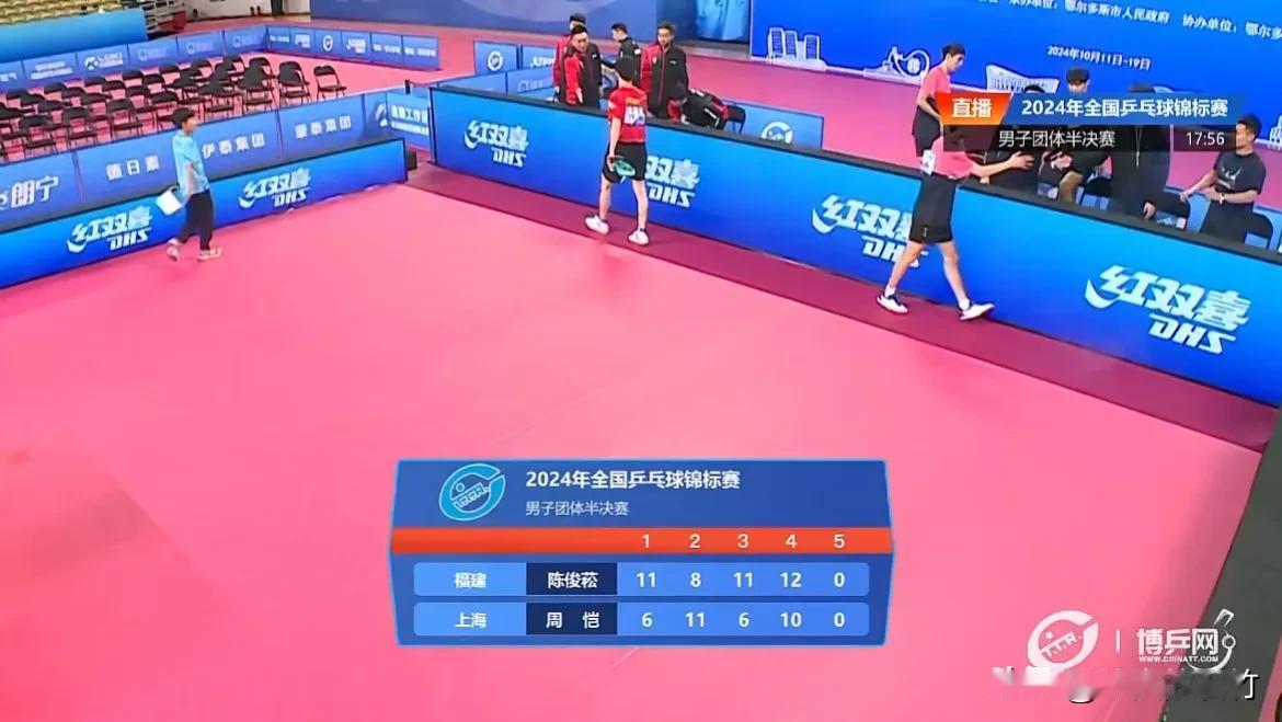 全锦赛男团福建陈俊菘对阵上海周凯。
前三局2:1，第四局陈俊菘领先，10:8，多