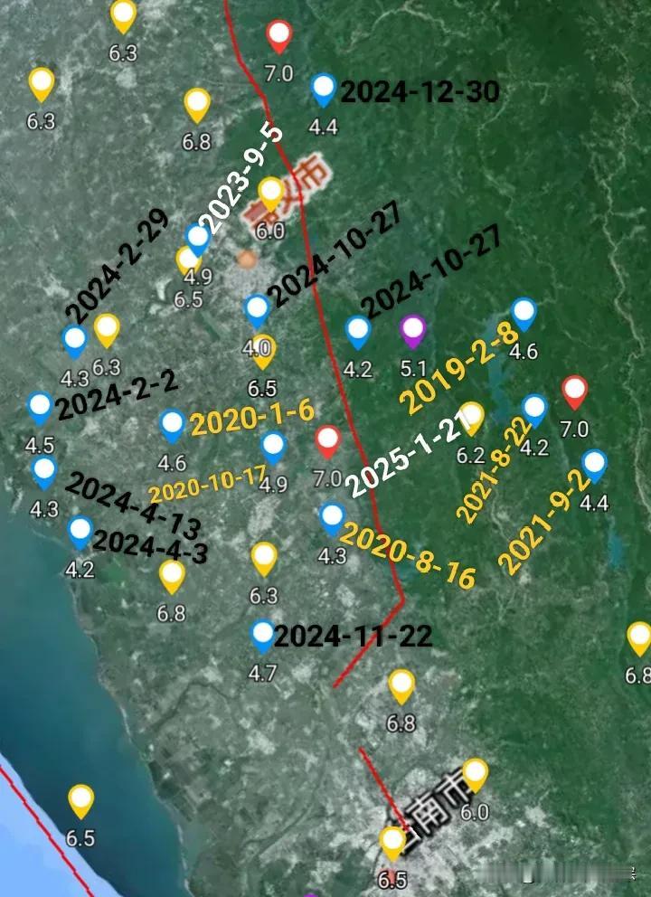 台湾台南市发生6.2级地震前的前一年2024年在本次6.2震中周边50公里范围内