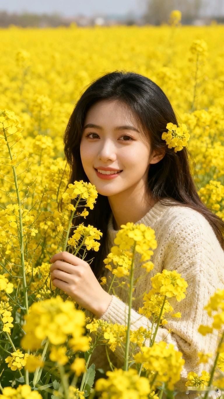 春日暖阳下的花海，笑靥如花的她花海少女照 暖光花海少女