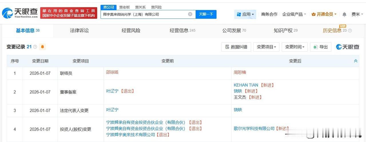 【歌尔光学接手舜宇奥来微纳光学公司 歌尔光学再接手舜宇光学旗下一公司】
天眼查工