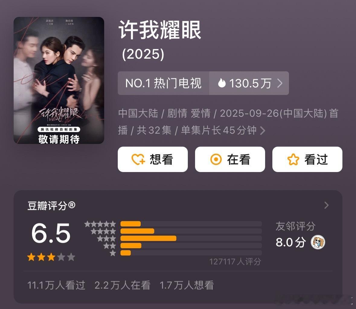 赵露思陈伟霆《许我耀眼》开分6.5陈正道舒淇《回魂计》开分7.2 ​​​