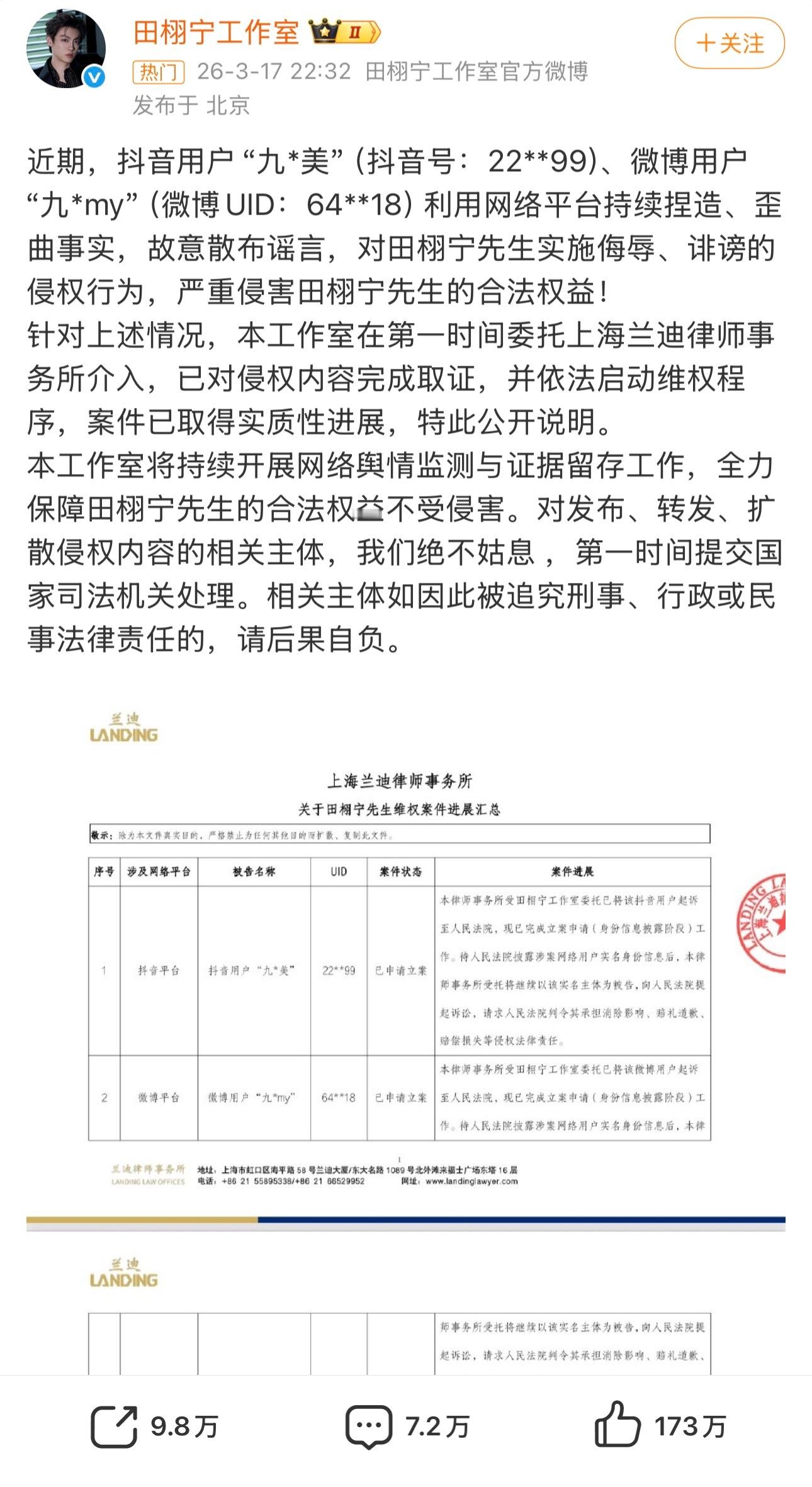 田栩宁工作室告了九成美九成美回应了，情绪很稳定。 