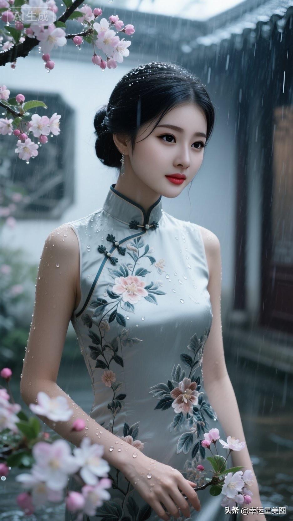 雨中少女，花枝招展，古典旗袍，韵味十足。