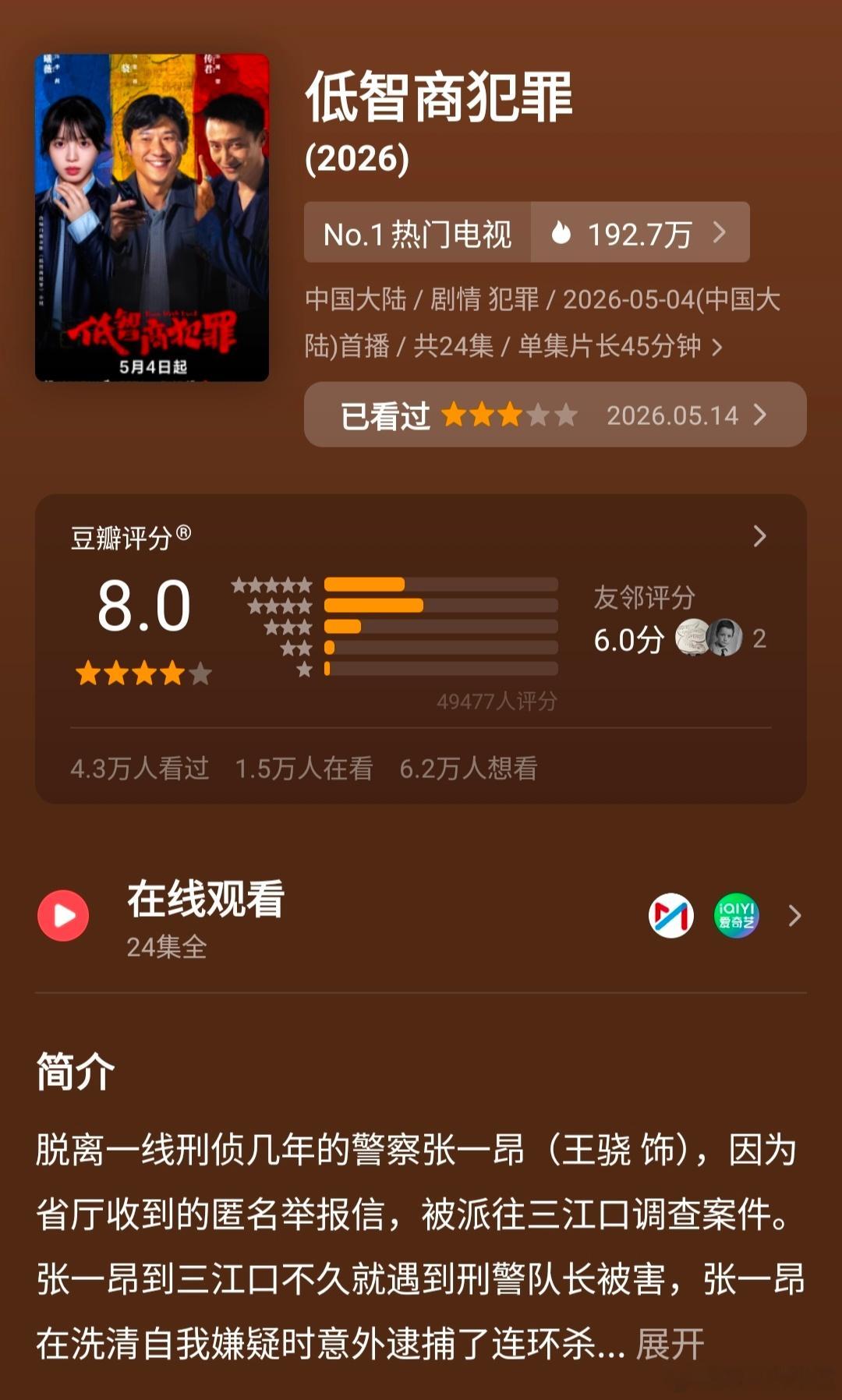 低智商犯罪豆瓣8.0王骁、田曦薇、王传君《低智商犯罪》🫘8.0分，大家觉得高了