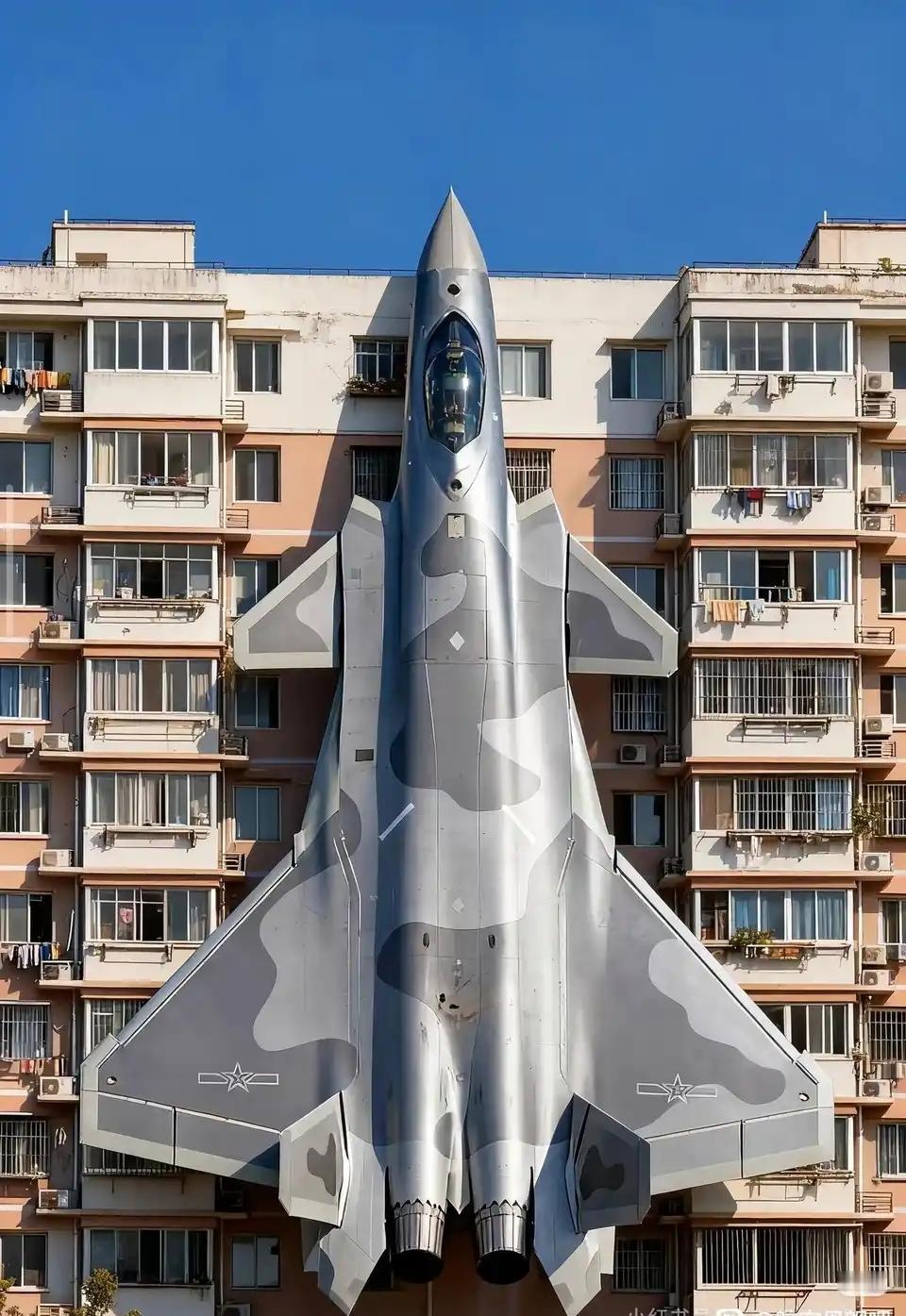 歼20战斗机和居民楼对比图，这张图歼20大了点，机长21米，实际上应该是6～7层