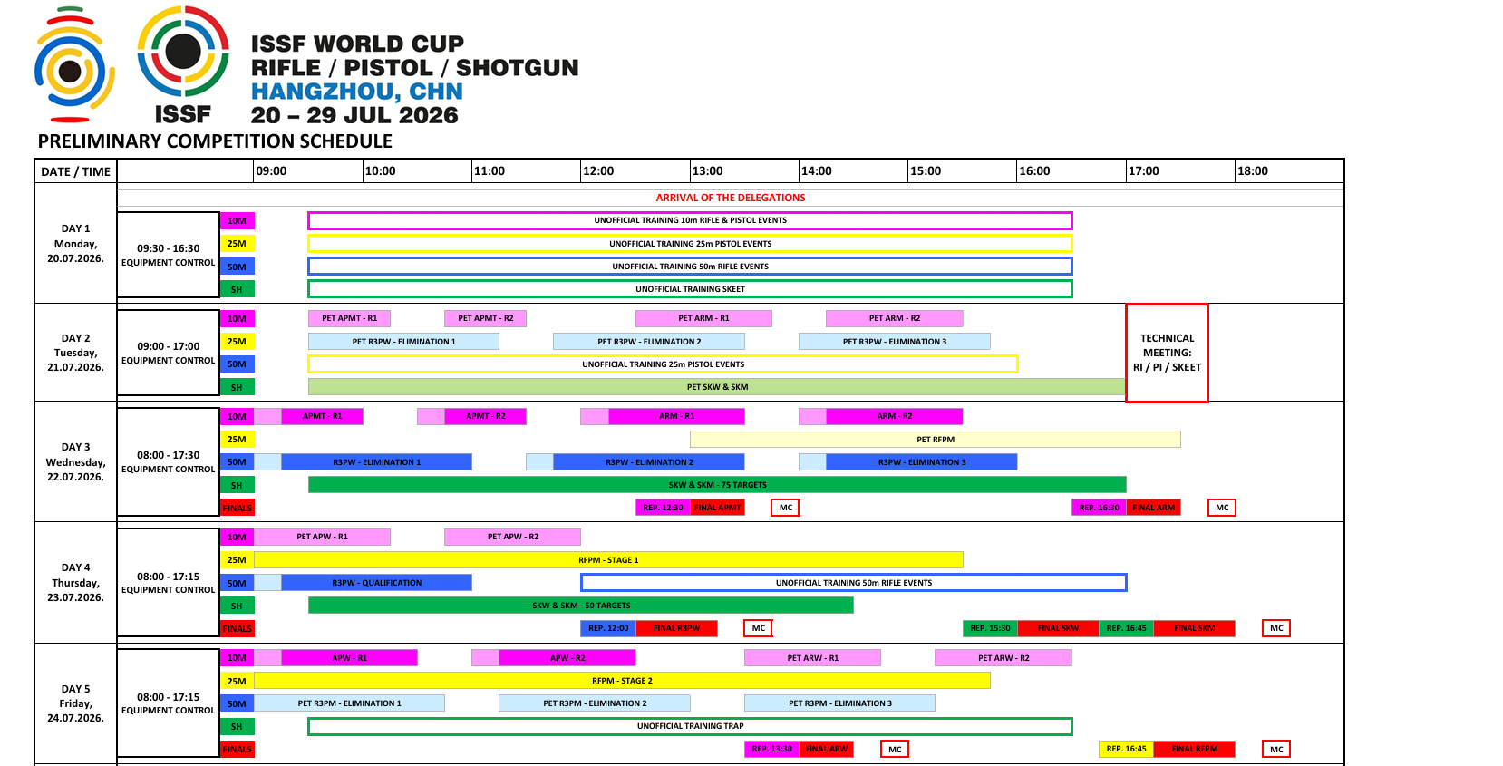 2026世界杯杭州站初版赛程安排0722：10米气手枪混团资格赛、决赛；男子气步