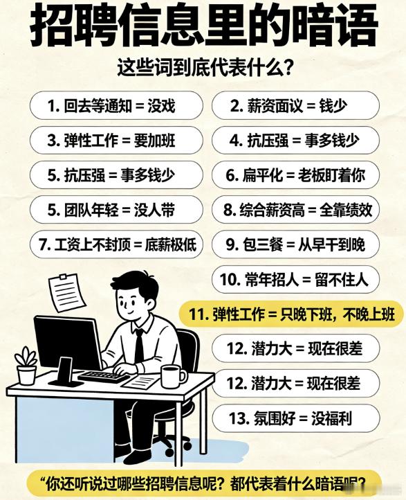 盘点招聘信息里的一些暗语（正确性未知）1. 回去等通知 = 没戏2. 薪资面议 