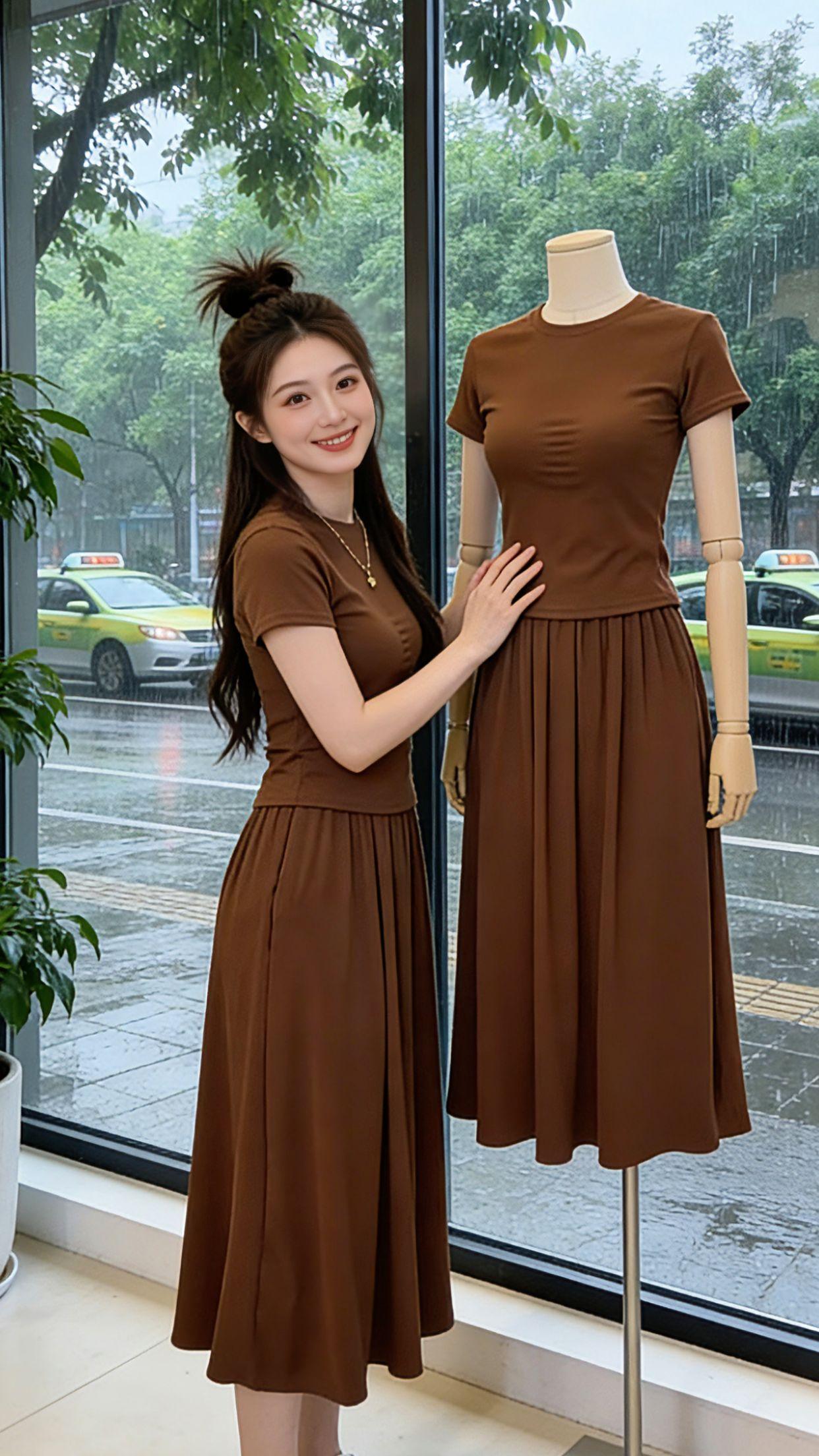 Danny的夏日出行穿搭太戳人了！秀秀专属的这套法式两件套，焦糖棕配色温柔显白，