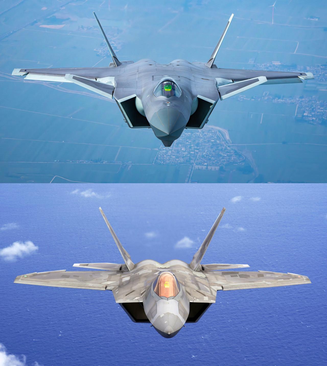 中国空军🇨🇳歼-20VS美国空军🇺🇸F-22正面同视觉对比，谁更胜一筹？