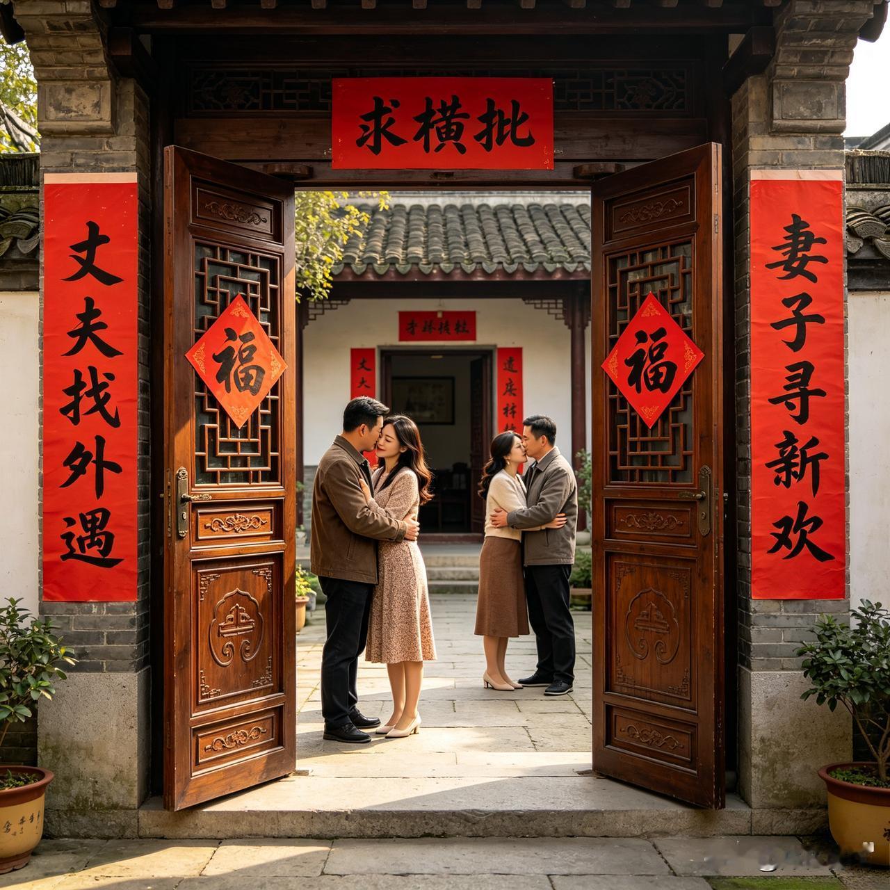 各位诗友，现有一联：“丈夫找外遇，妻子寻新欢”，上下联描绘的情景虽显特殊，却也构