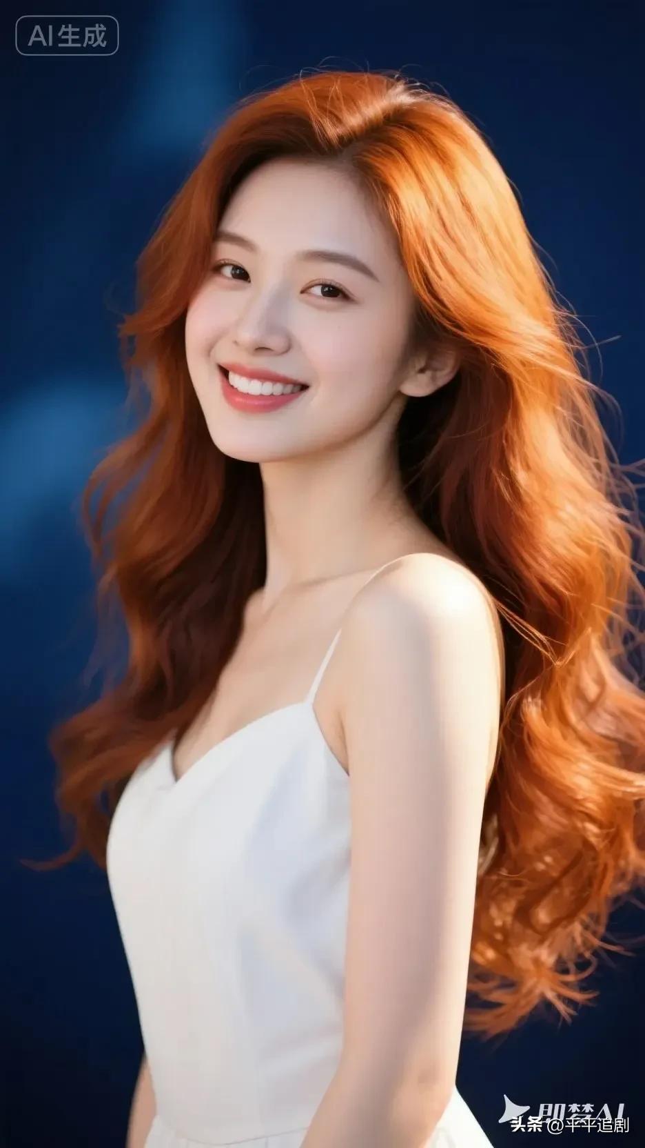 橙红发丝在风里轻扬，白裙与笑意撞碎了整片深蓝的温柔。
温柔高贵的女性 女生的高级