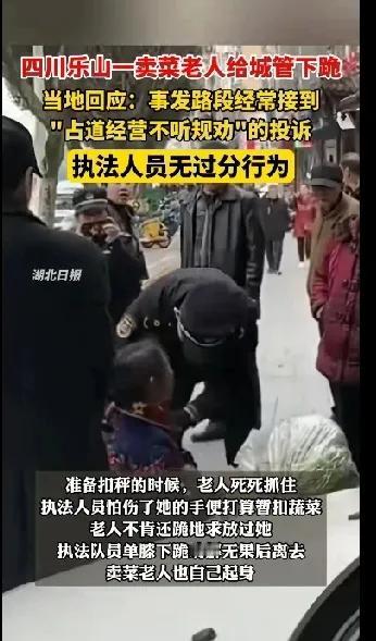 这次我站到城管执法人员这一边。
四川乐山一卖菜老人对城管人员下跪，标题看起来非常