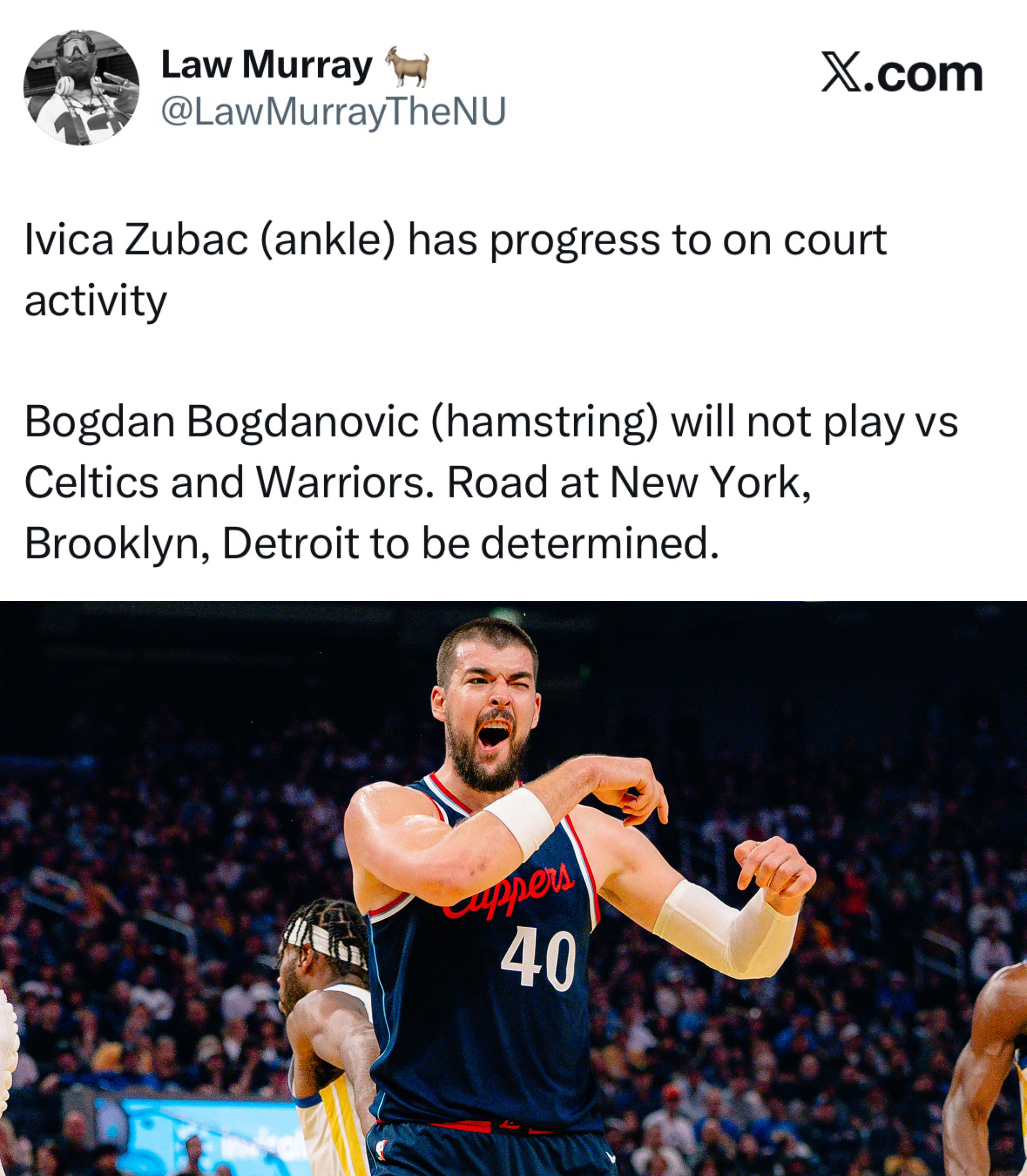 祖巴茨（脚踝伤势）已取得恢复进展，能够参与场上训练。