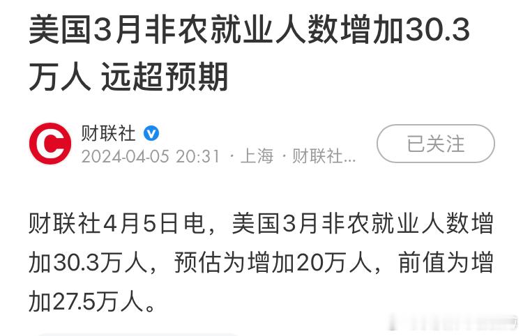 3月份美国新增就业人口30.3万人远超预期，这说明美国的经济不像报道的正在衰退，