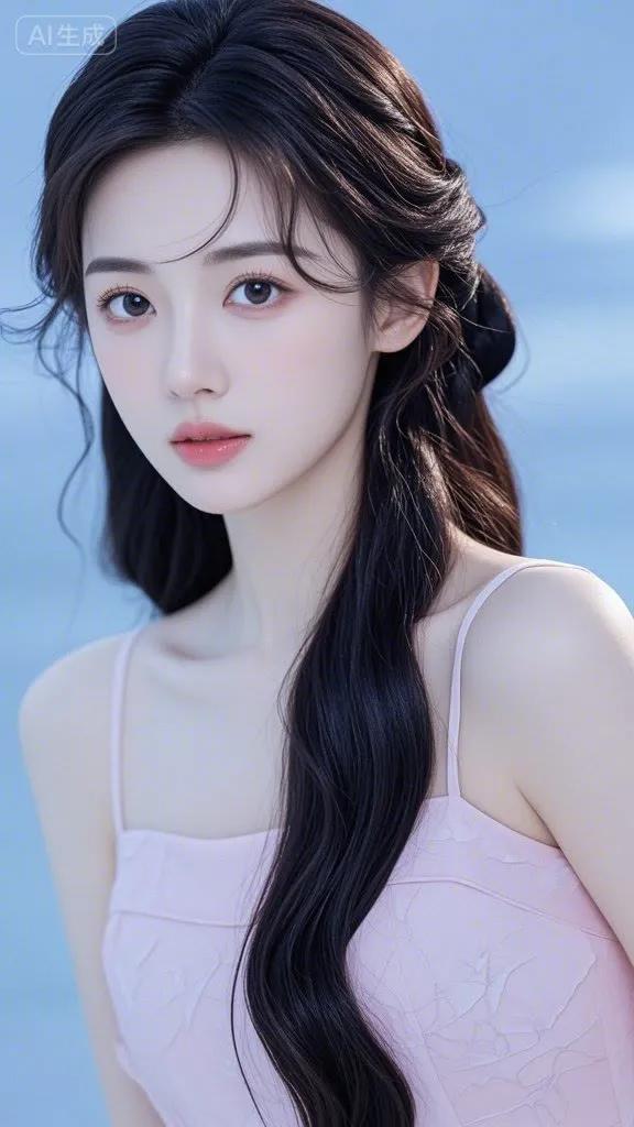 这姑娘扎着马尾辫，穿着粉色吊带裙。