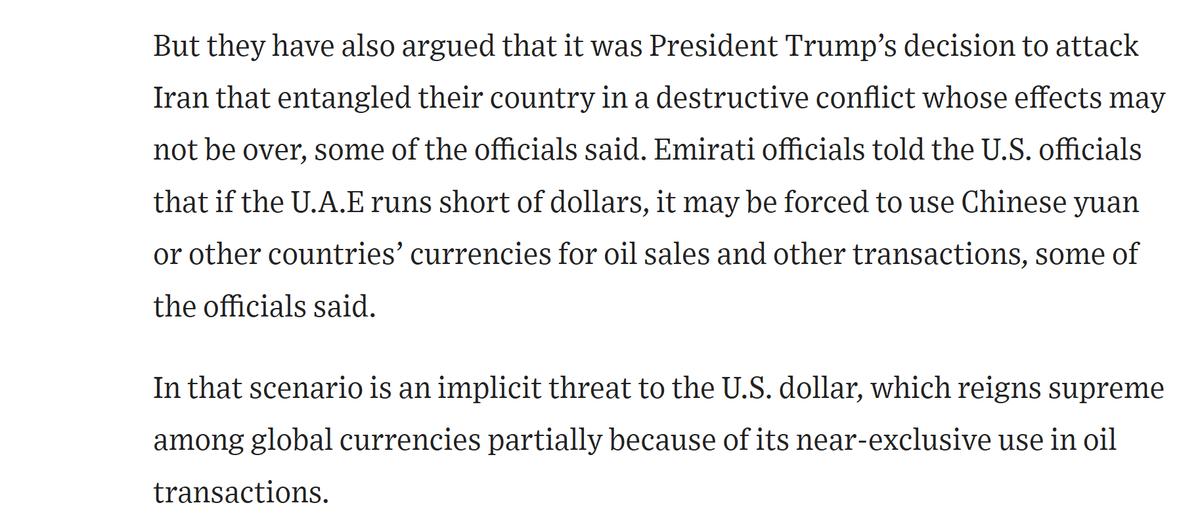 刚刚，阿联酋对特朗普政府：是你挑起这场战争的，如果我们因此而缺少美元，要么你们给