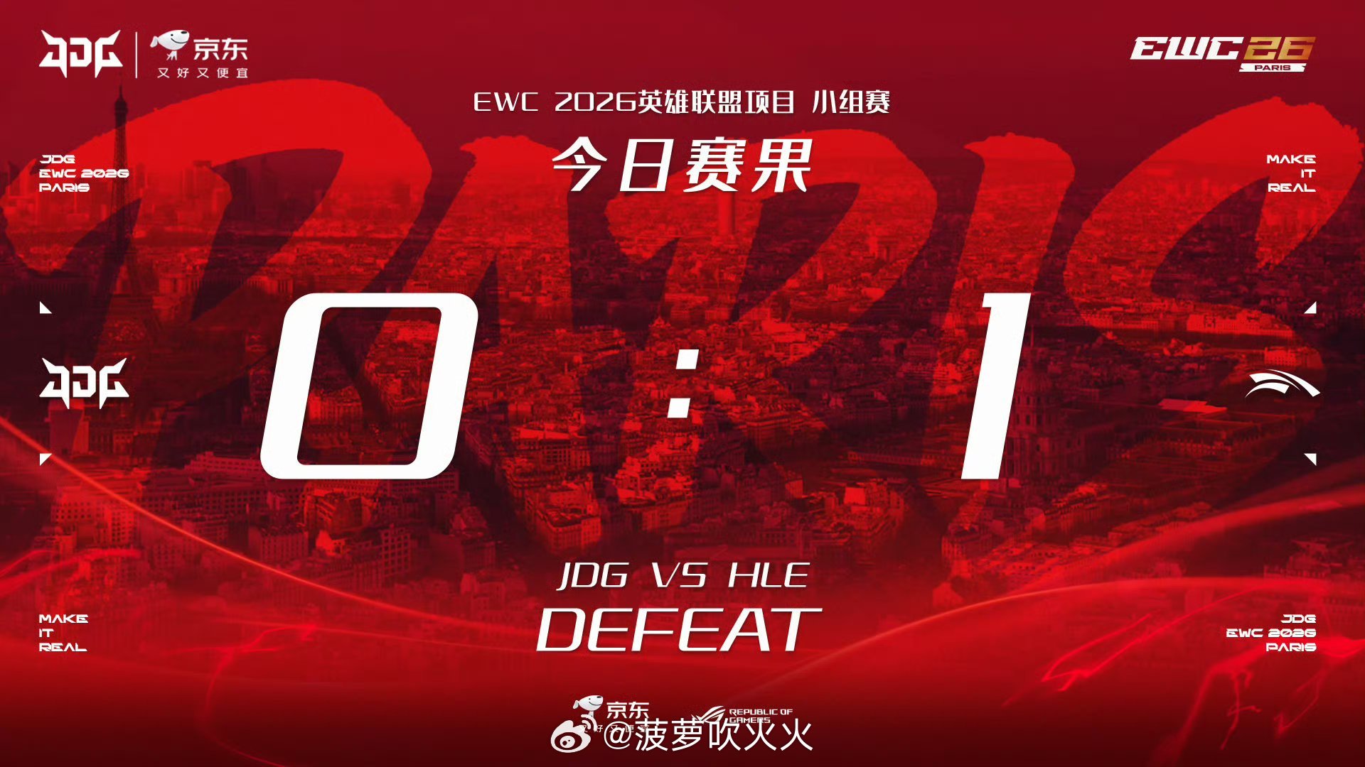 JDG不敌HLE今日EWC英雄联盟项目第二轮JDG 0-1 HLEJDG掉入1-