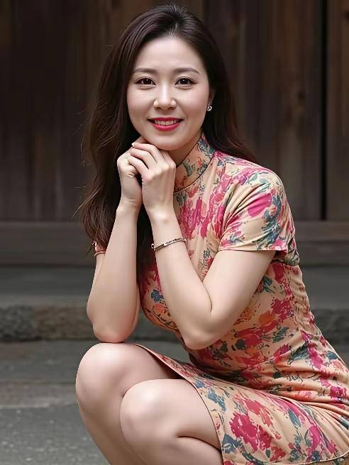 旗袍佳人
蹲姿优雅笑嫣然，
艳色旗袍映画笺。
魅力浑然天造就，
宛如仙子落尘间。