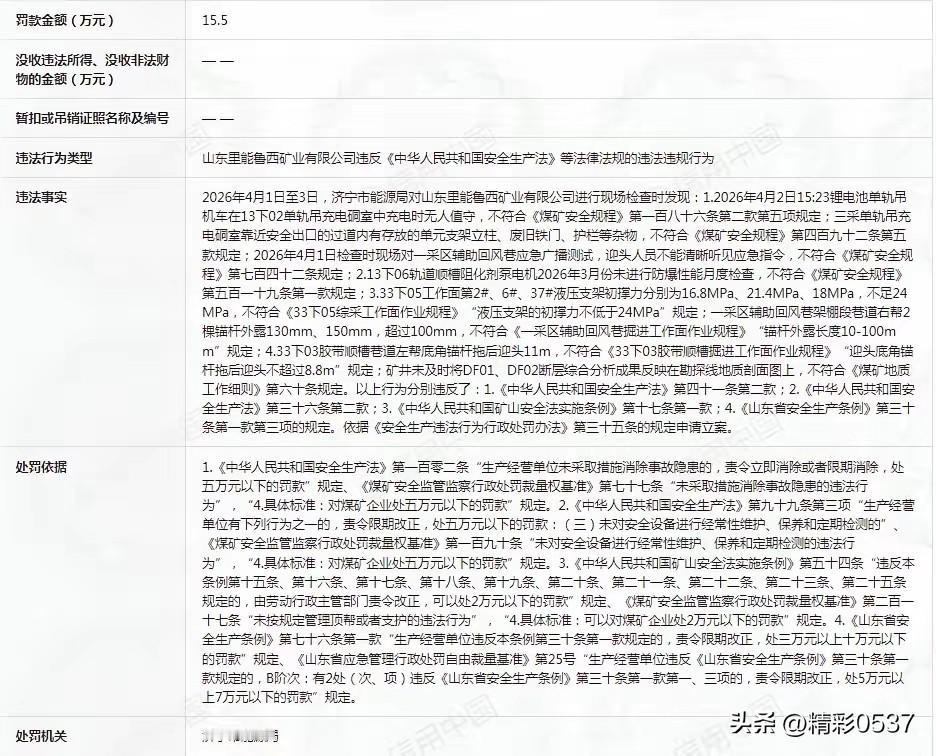 【里能鲁西国有煤矿多安全违规被罚15.5万】据信用中国公示、国家企业信用信息公示