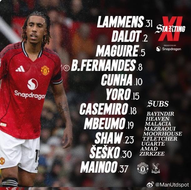 曼联首发：拉门斯，达洛特，马奎尔，约罗，卢克肖，卡塞米罗，B费，科比梅努，姆贝乌