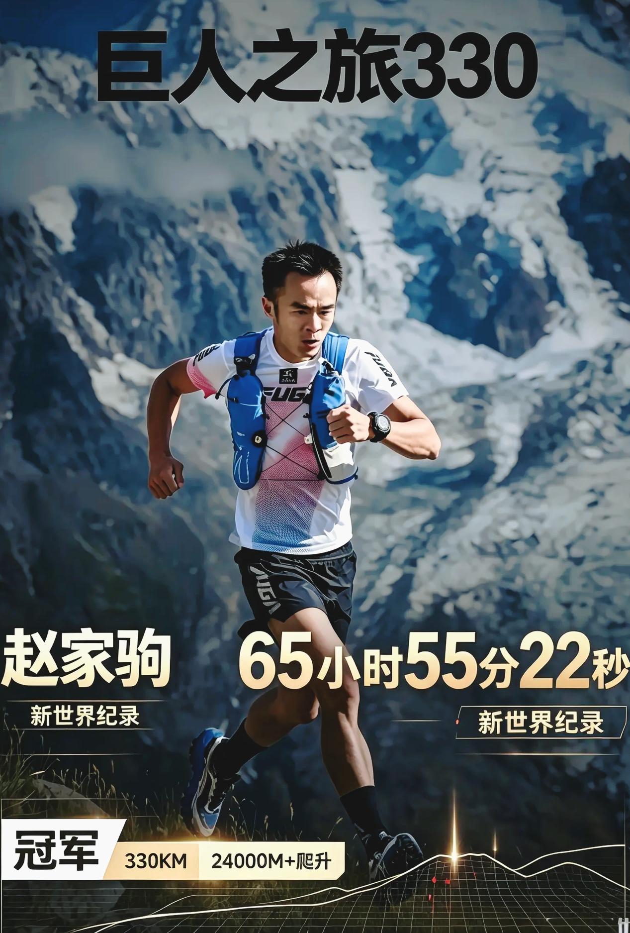 冲线用时：65小时55分22秒，打破原纪录66小时08分，亚洲第一位拿下巨人之旅
