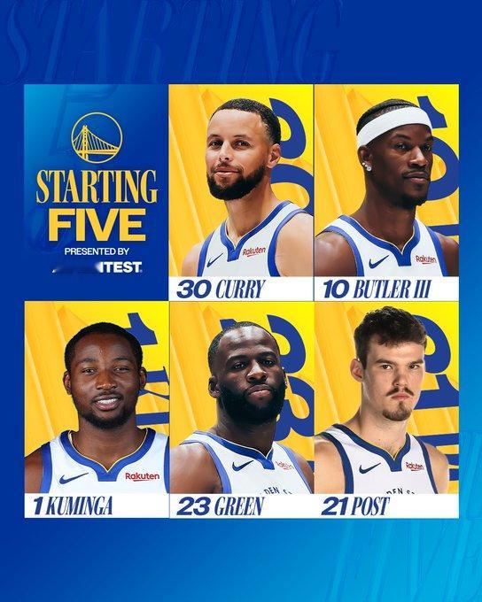 勇士今日首发：库里 、巴特勒 、库明加、追梦格林 、波斯特库里在缺阵三场后复出！
