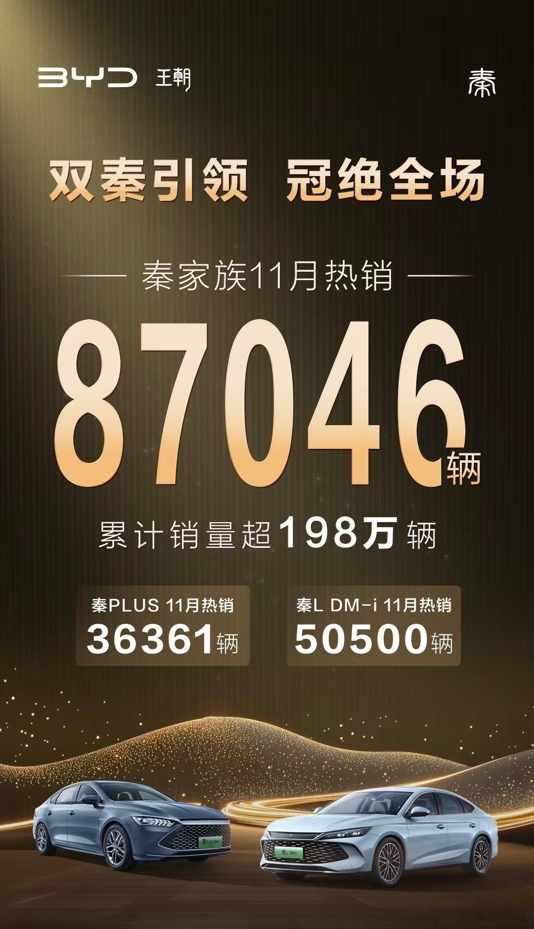 感受下比亚迪王朝网三大 IP 车型的数据表现，真的猛。秦家族 11 月 8704