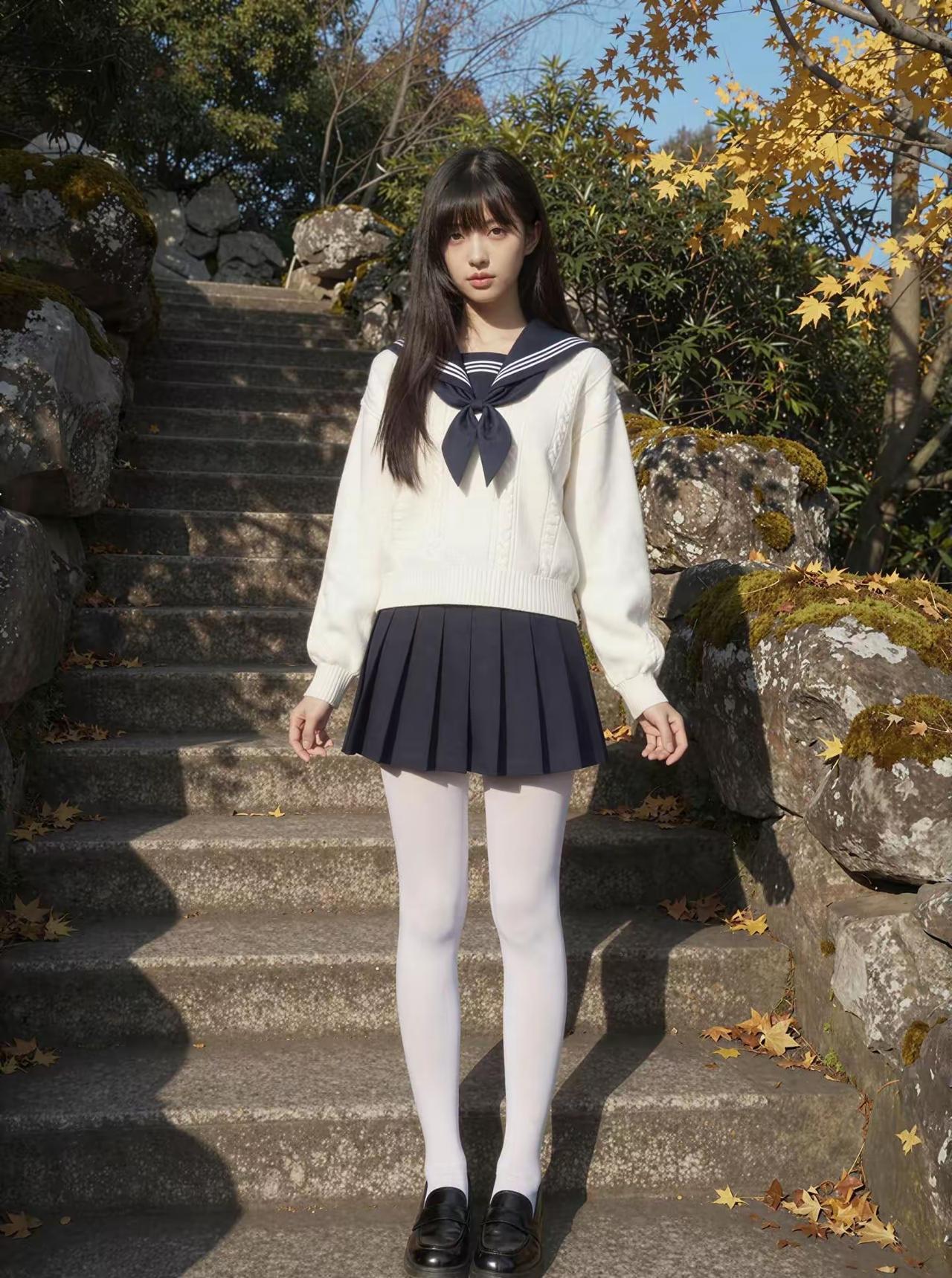 🍂 梧桐叶落在石阶上，水手领配白毛衣，把秋日的温柔穿在了身上。阳光穿过枝桠，在