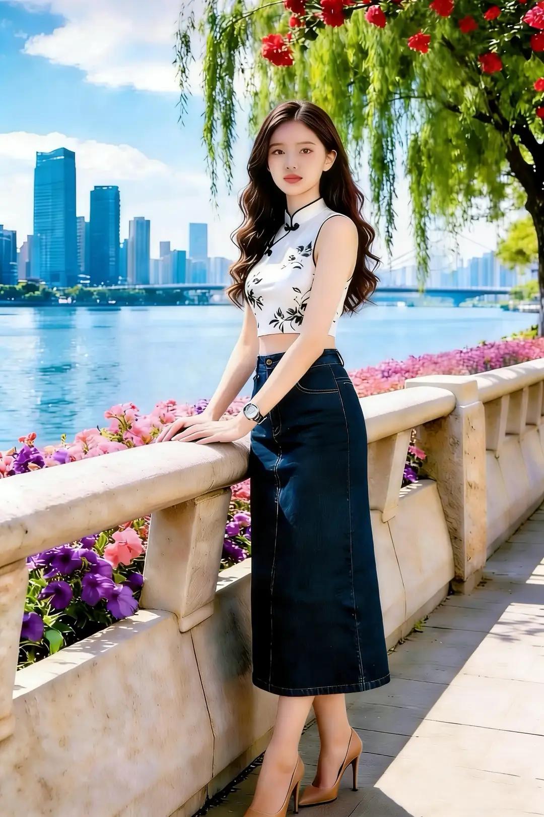 春日湖畔倩女立
柳丝垂岸蘸清涟，
花簇围栏映丽妍。
云影悠悠铺远水，
风姿绰绰立