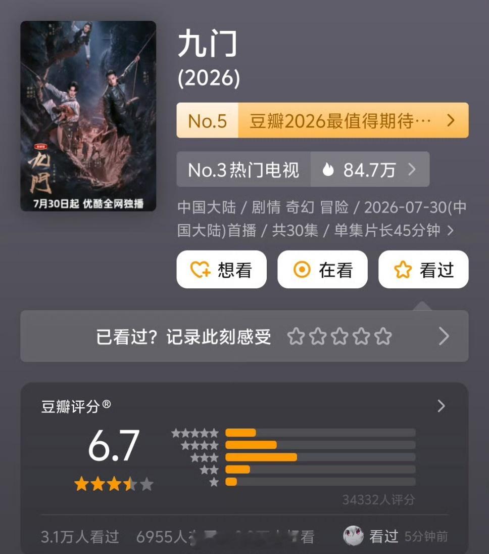 新剧豆瓣开分，高了还是低了？吴谨言陈哲远《御廷谣》1万人4.9分陈伟霆曾舜晞《九