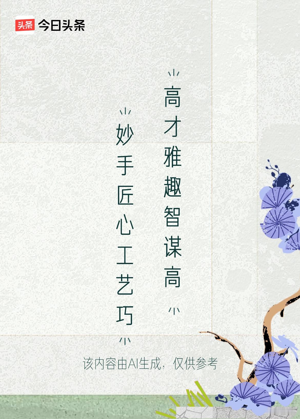 微头条《原创》
上联：妙手匠心工艺巧
下联：高才雅趣智谋高

这个下联“高才雅趣
