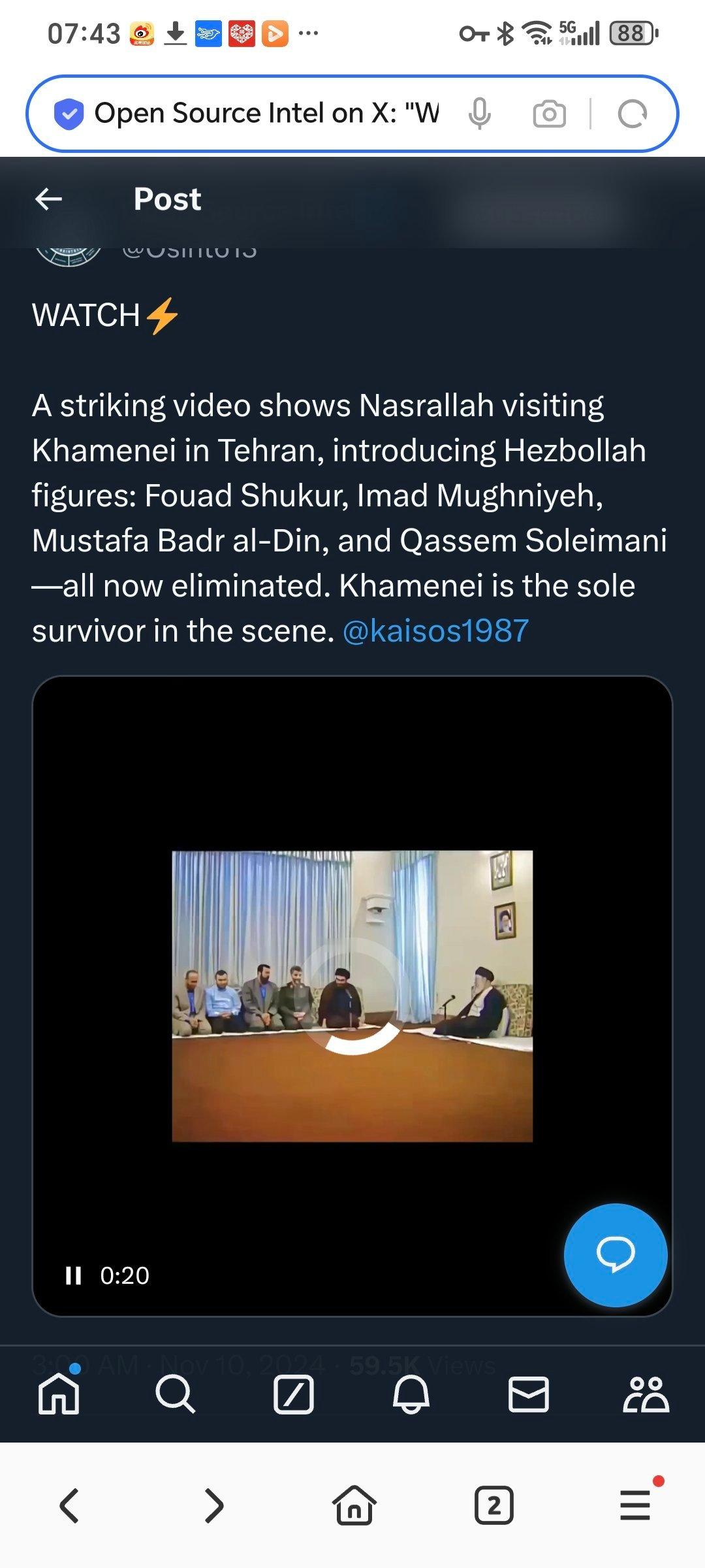 一段引人注目的视频显示，纳斯鲁拉曾经在德黑兰拜访了哈梅内伊，并向哈梅内伊介绍了跟