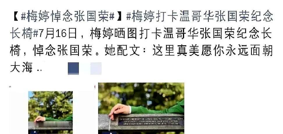 温哥华街头，梅婷挽着袖子，静静靠在一张长椅上。

椅背挂着张国荣的照片，吊牌上写