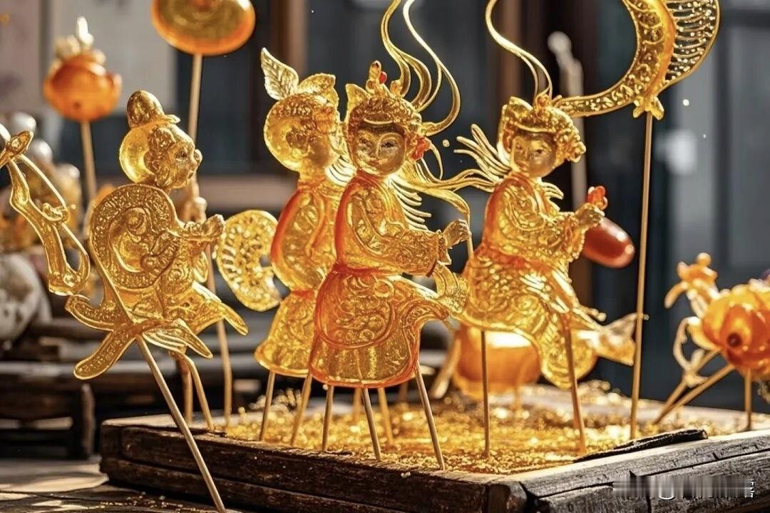 画糖人以糖为“墨”、以勺为“笔”，艺人通过精湛技艺，将糖液在石板上勾勒成十二生肖