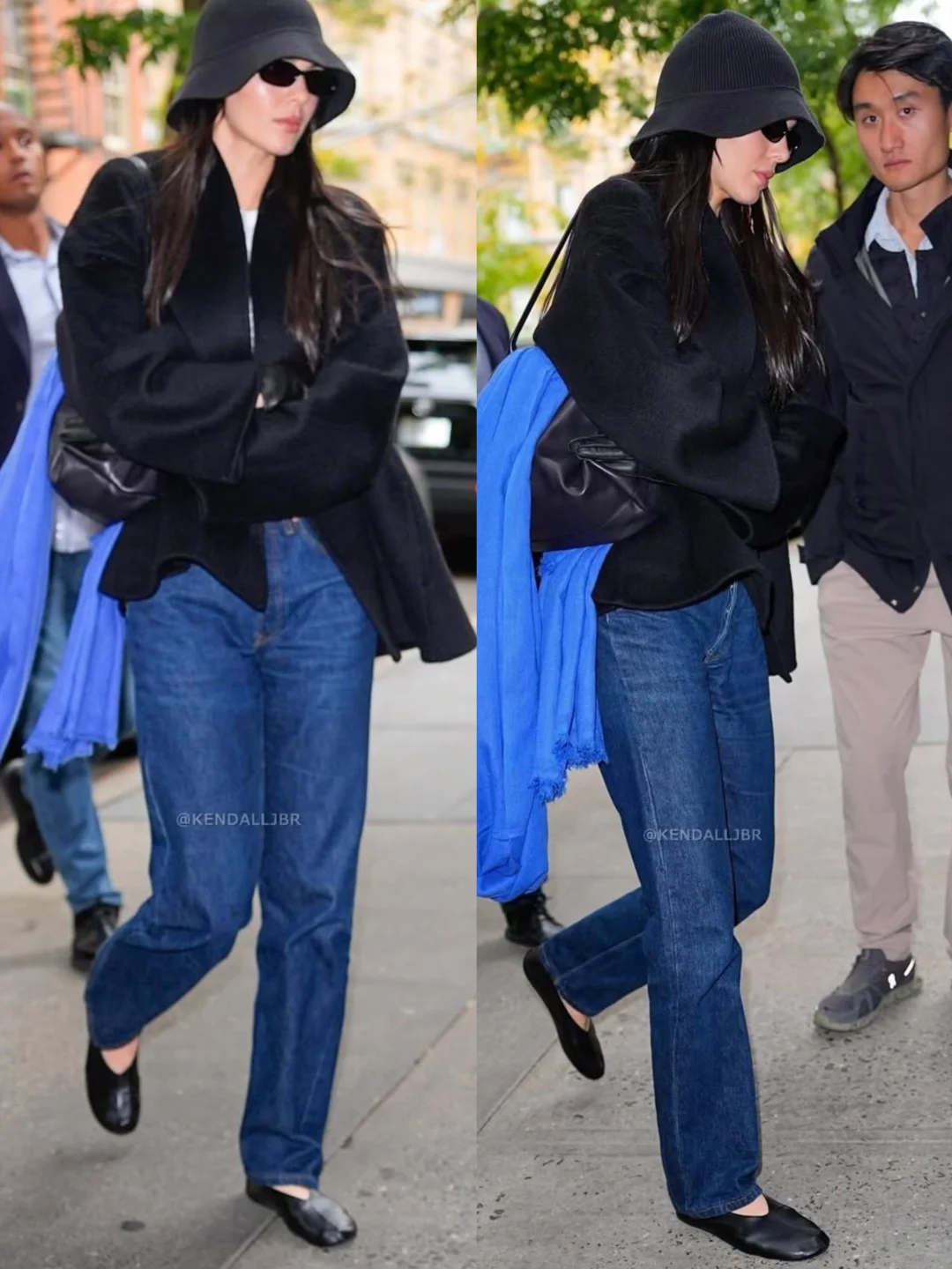 肯豆最新私服，也穿上了蓝色围巾配黑色大衣