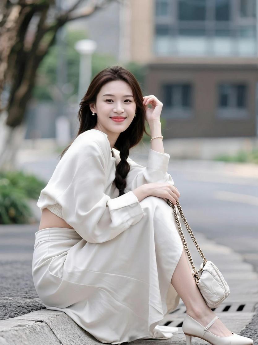 在这片柔和的光影中，仿佛时间也放慢了脚步。白色的裙摆轻轻扬起，像是在诉说着一个关