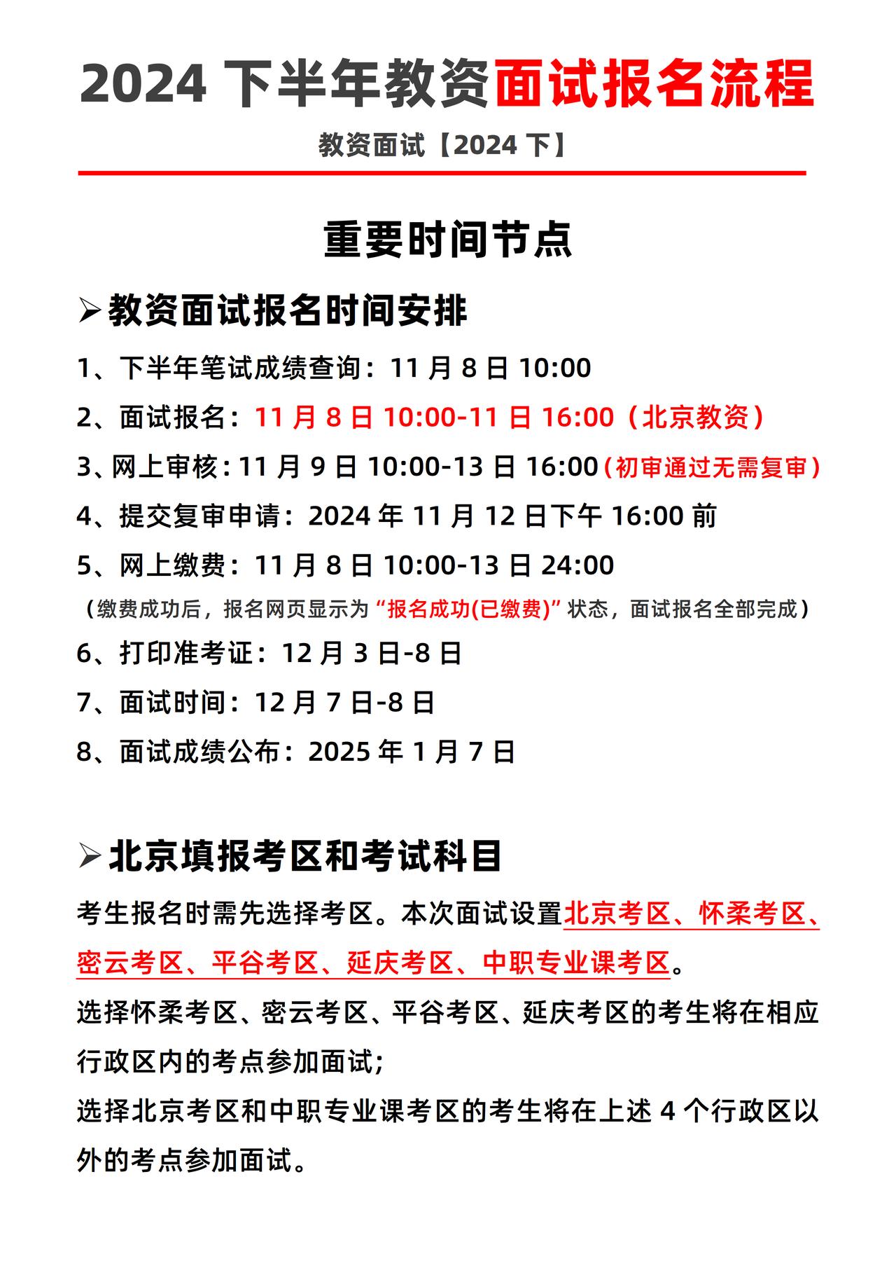 2024下教资面试报名流程及时间汇总
重要时间节点：
1、笔试成绩查询：11月8