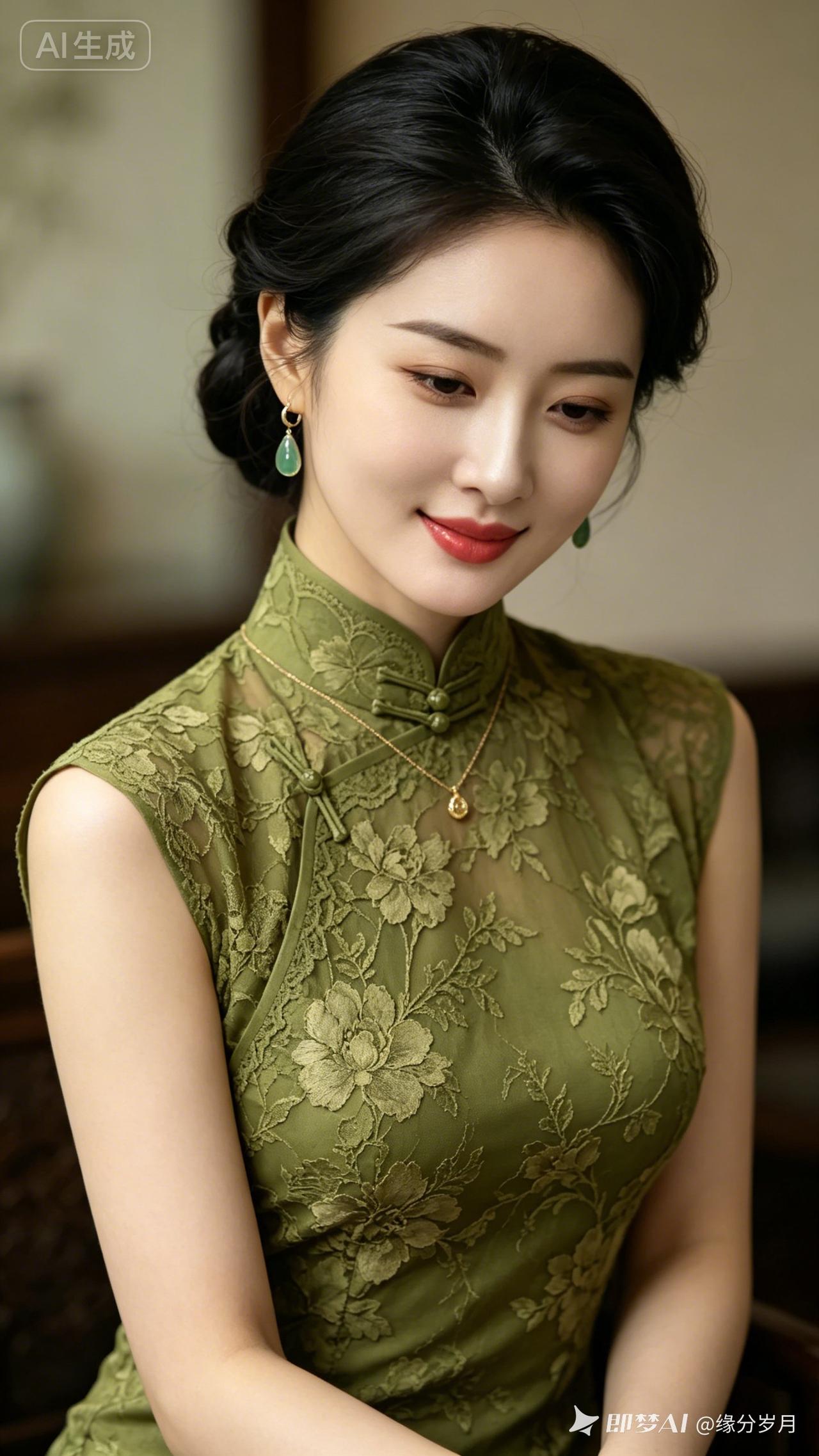 这位女士穿着优雅的绿色旗袍。