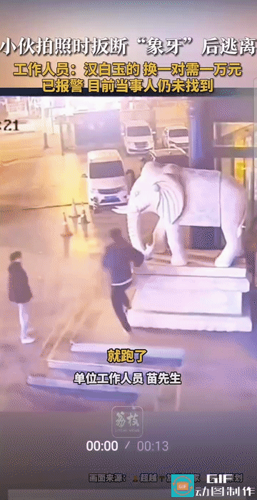 “这就是手贱的代价！”河北沧州，一名年轻男子在路过某单位门口时，被门前的石雕大象