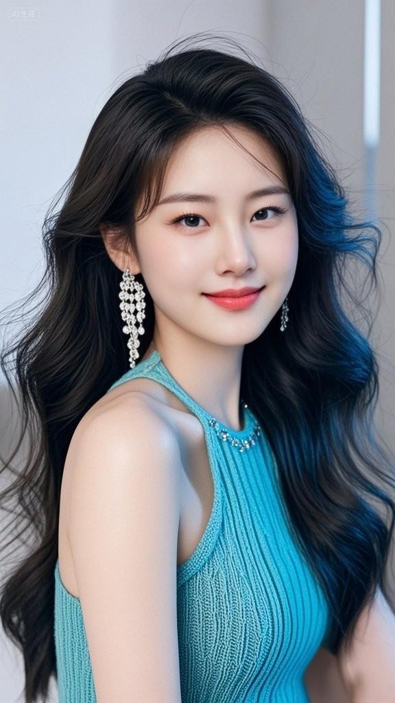 优雅蓝裙，闪耀耳环，甜美笑容，完美女神！💙✨