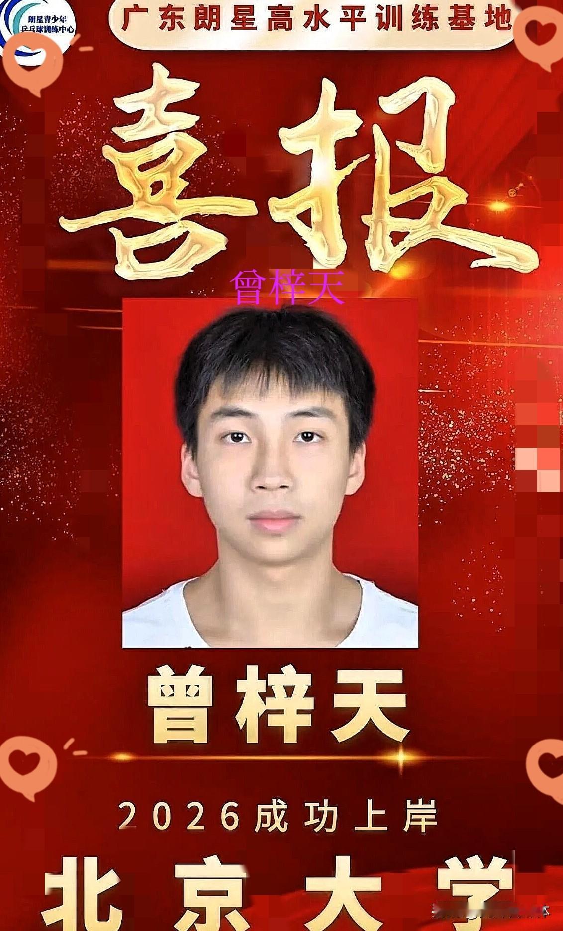 祝贺朗星高水平训练基地学员
曾梓天  2026​成功上岸
北京大学上岸高考北京大