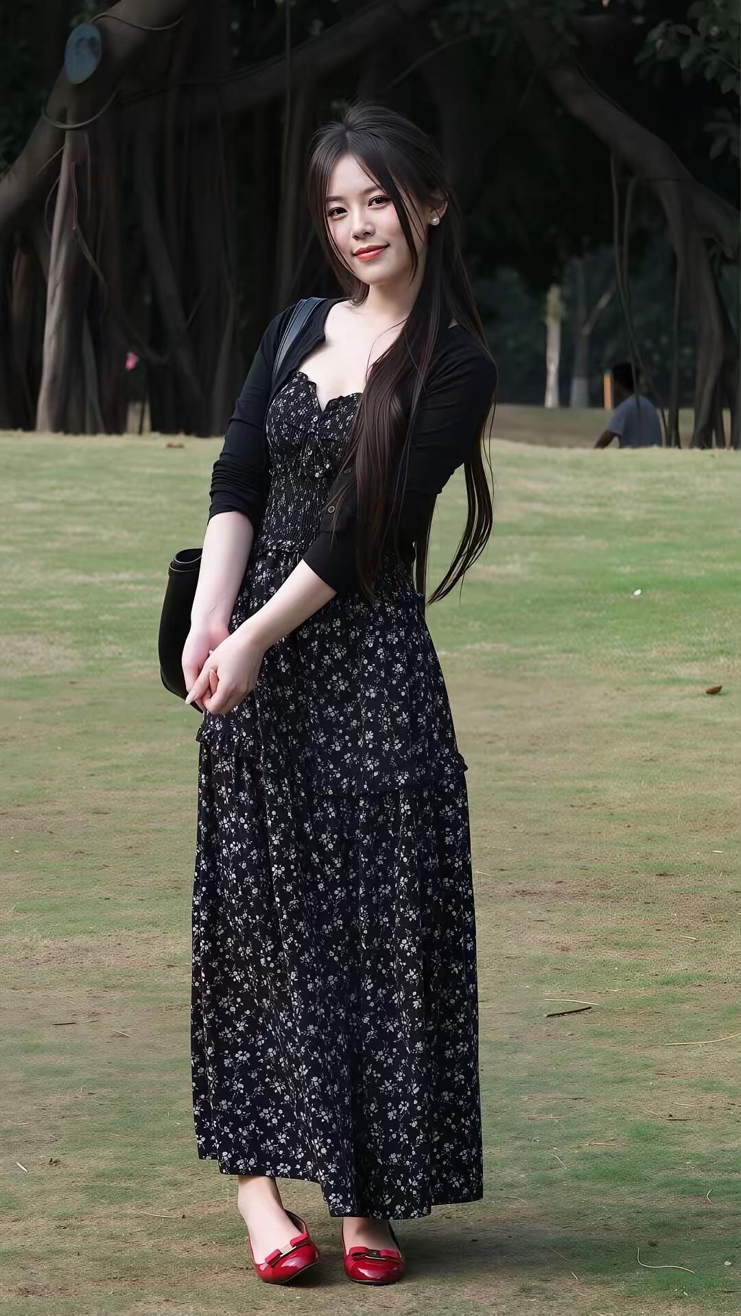 黑系温柔美人细腻描写
她一身简约又氛围感拉满的穿搭，温柔又自带清冷气质。
内搭是