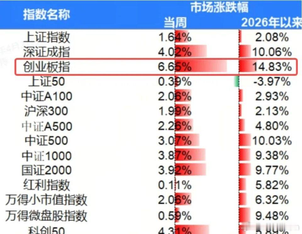 今晚看了下，其实2026年大A真不差的，创业板大涨近15%，深成指也涨了10%，