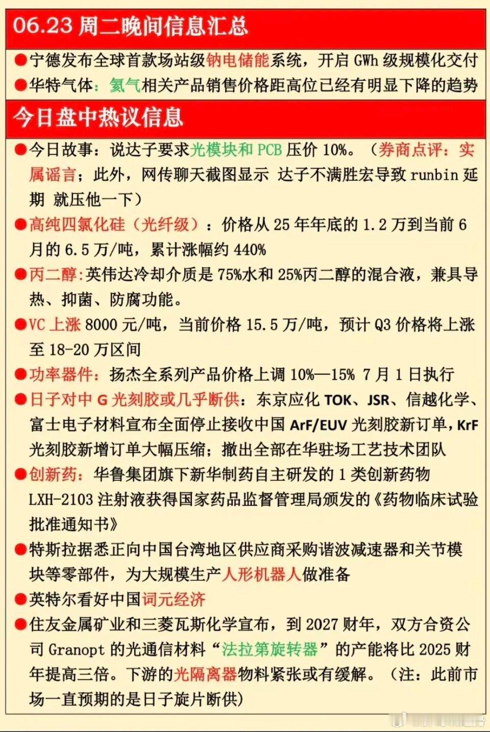 6.23周二 晚间财经信息一览:1.纳电储能2.高纯四氯化硅3.光刻胶4.创新药